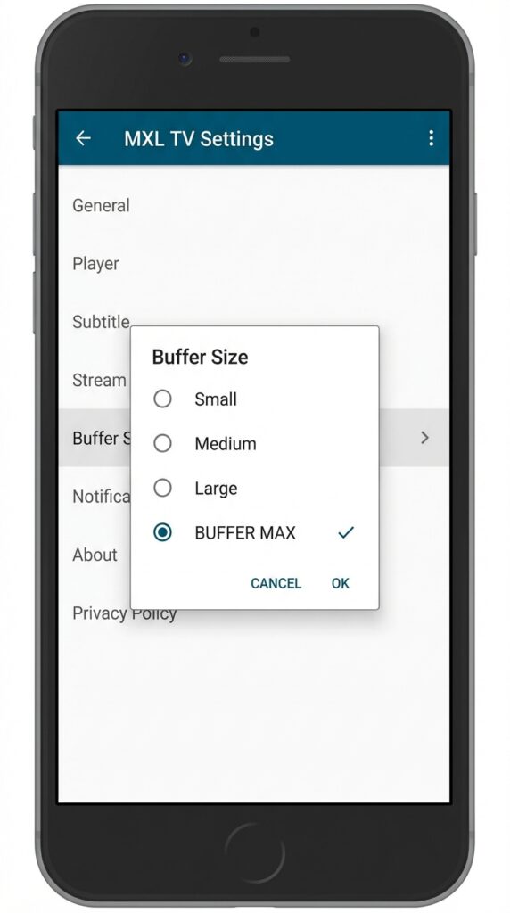 Menú de configuración de MXL TV ajustando el tamaño del buffer para evitar lag.