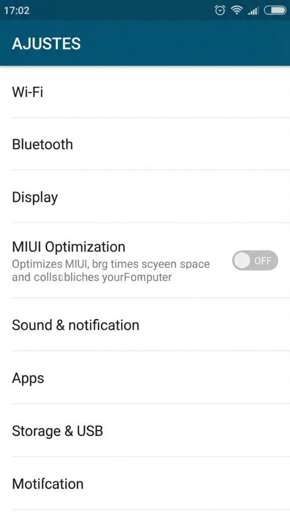 Menú de opciones de desarrollador en Xiaomi mostrando la optimización MIUI desactivada.