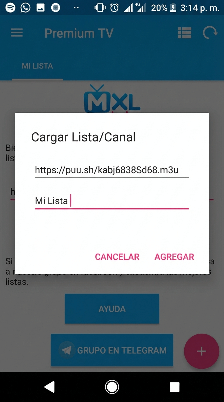 Ejemplo de cómo pegar correctamente una URL M3U corta (puu.sh) en el campo de texto de MXL TV.