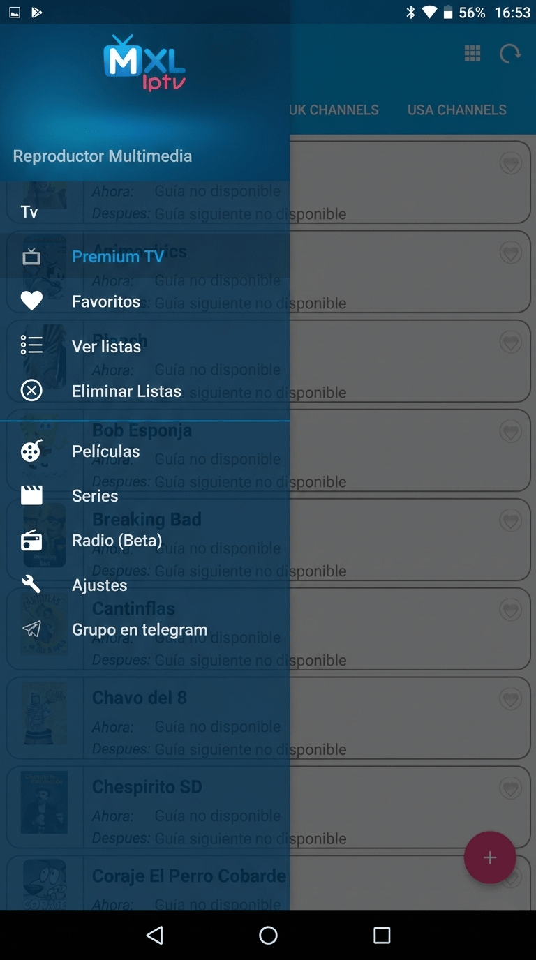 Menú lateral de MXL IPTV con opciones de TV en vivo, Películas, Series y Ajustes de reproductor.