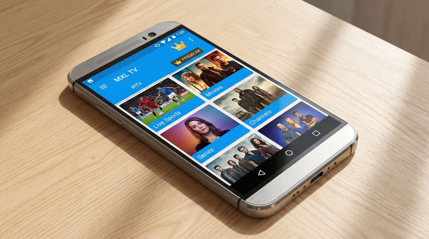 Interfaz de MXL TV en Android mostrando el estado Premium activado.