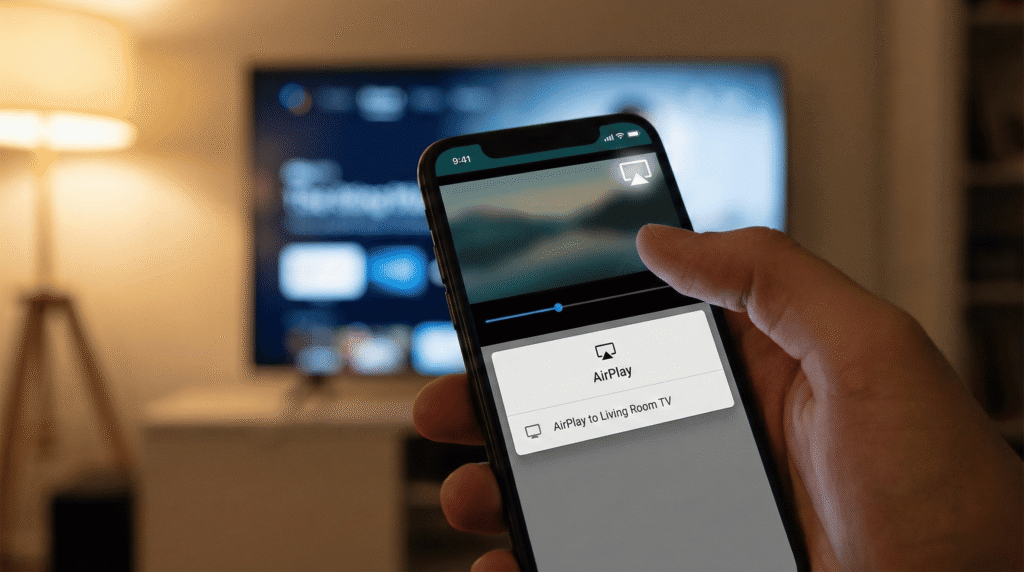 Usando AirPlay en iPhone para enviar contenido de MXL TV a una Smart TV.