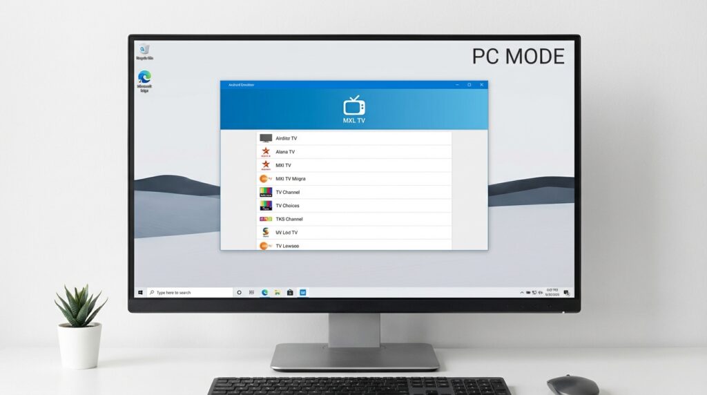 Monitor de PC ejecutando MXL TV dentro de un emulador Android BlueStacks.
