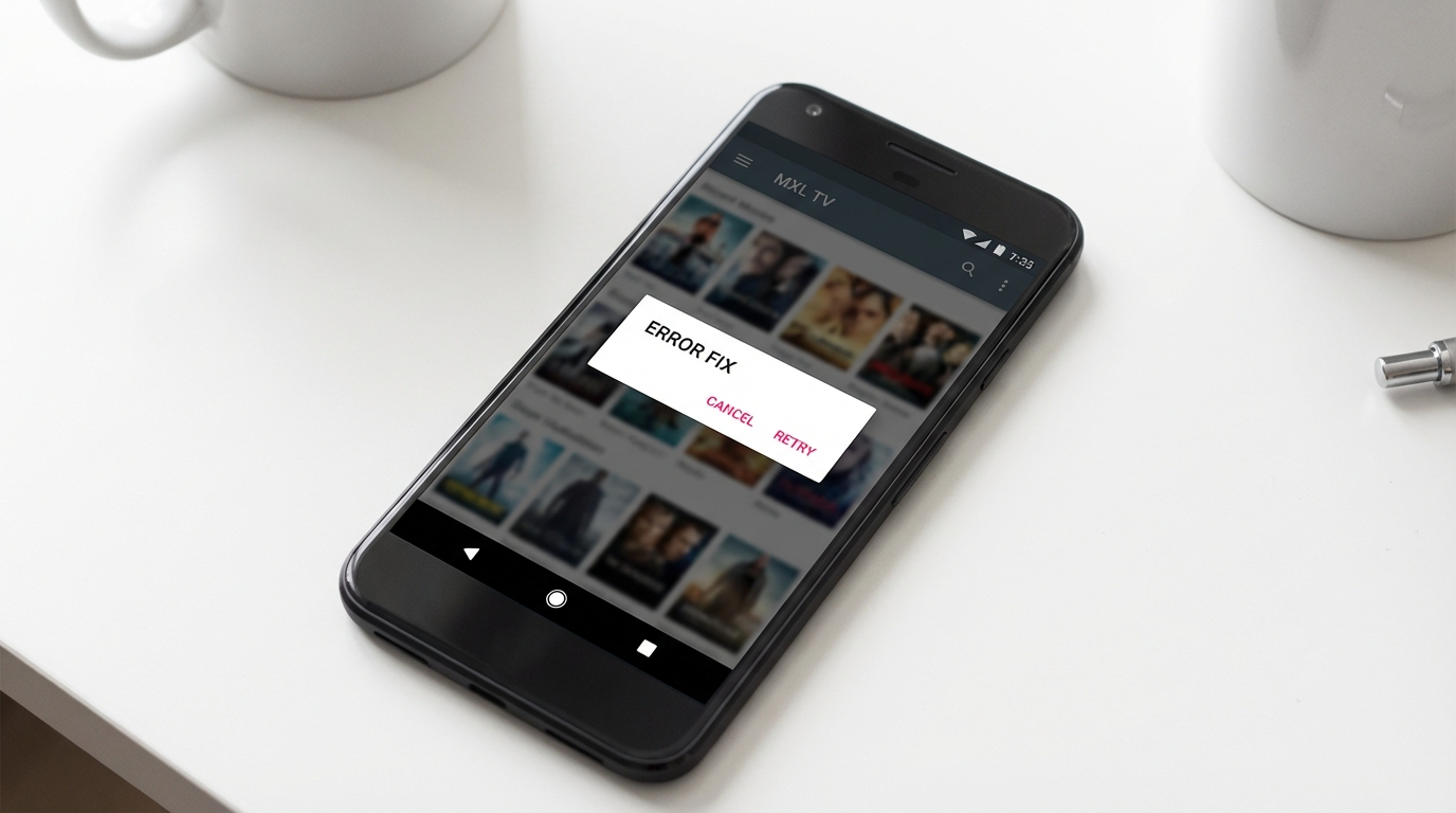Interfaz de MXL TV en Android mostrando un cuadro de diálogo de diagnóstico de errores.
