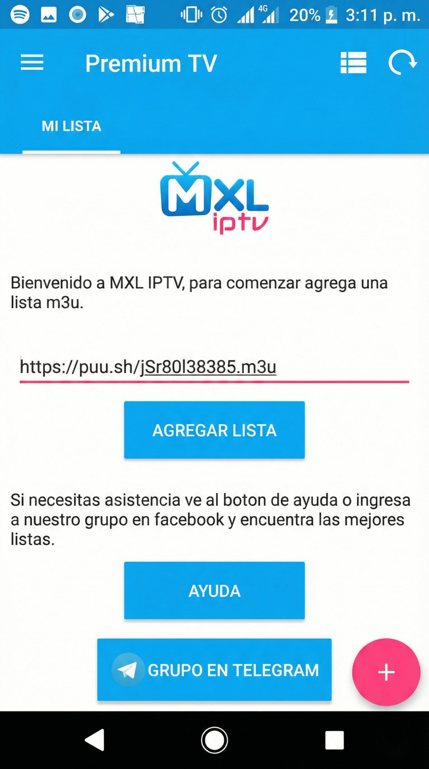 Pantalla de bienvenida de MXL TV solicitando agregar una lista M3U para comenzar a usar la app.