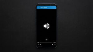 Pantalla de celular mostrando reproductor MXL TV con fondo negro y solo audio funcionando.