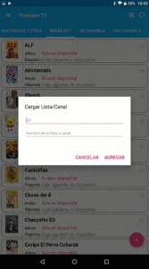 Ventana emergente en MXL TV para ingresar manualmente la URL de la lista y el nombre del canal.