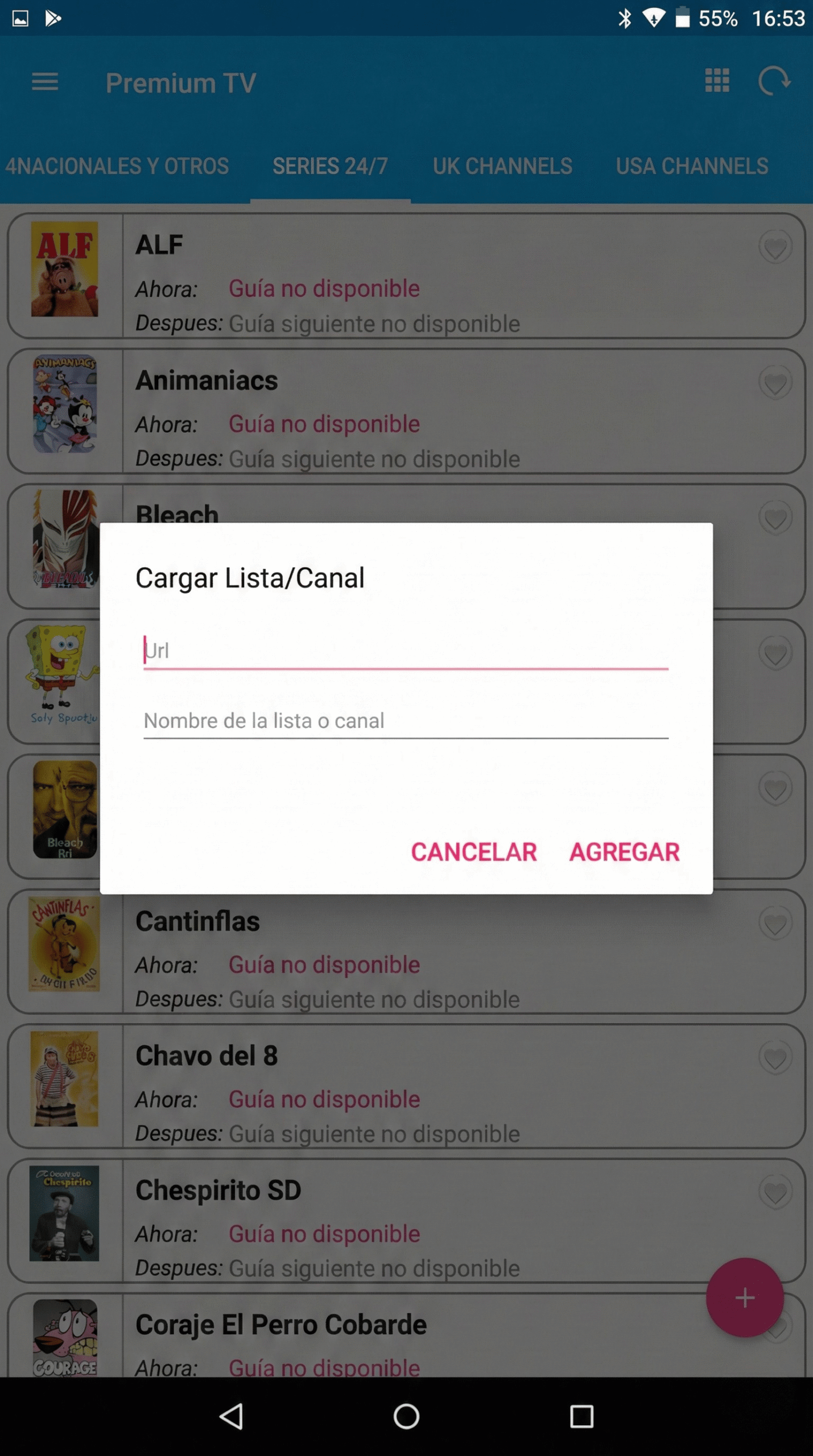 Ventana emergente en MXL TV para ingresar manualmente la URL de la lista y el nombre del canal.
